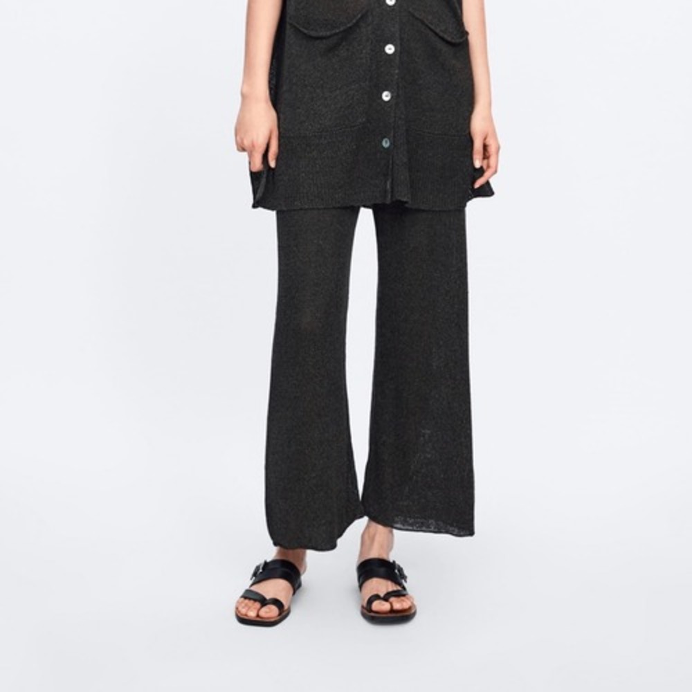 Zara Womens‎ Knit Wide Leg Pants Charcoal Grey Marled Elastic Waist Size M